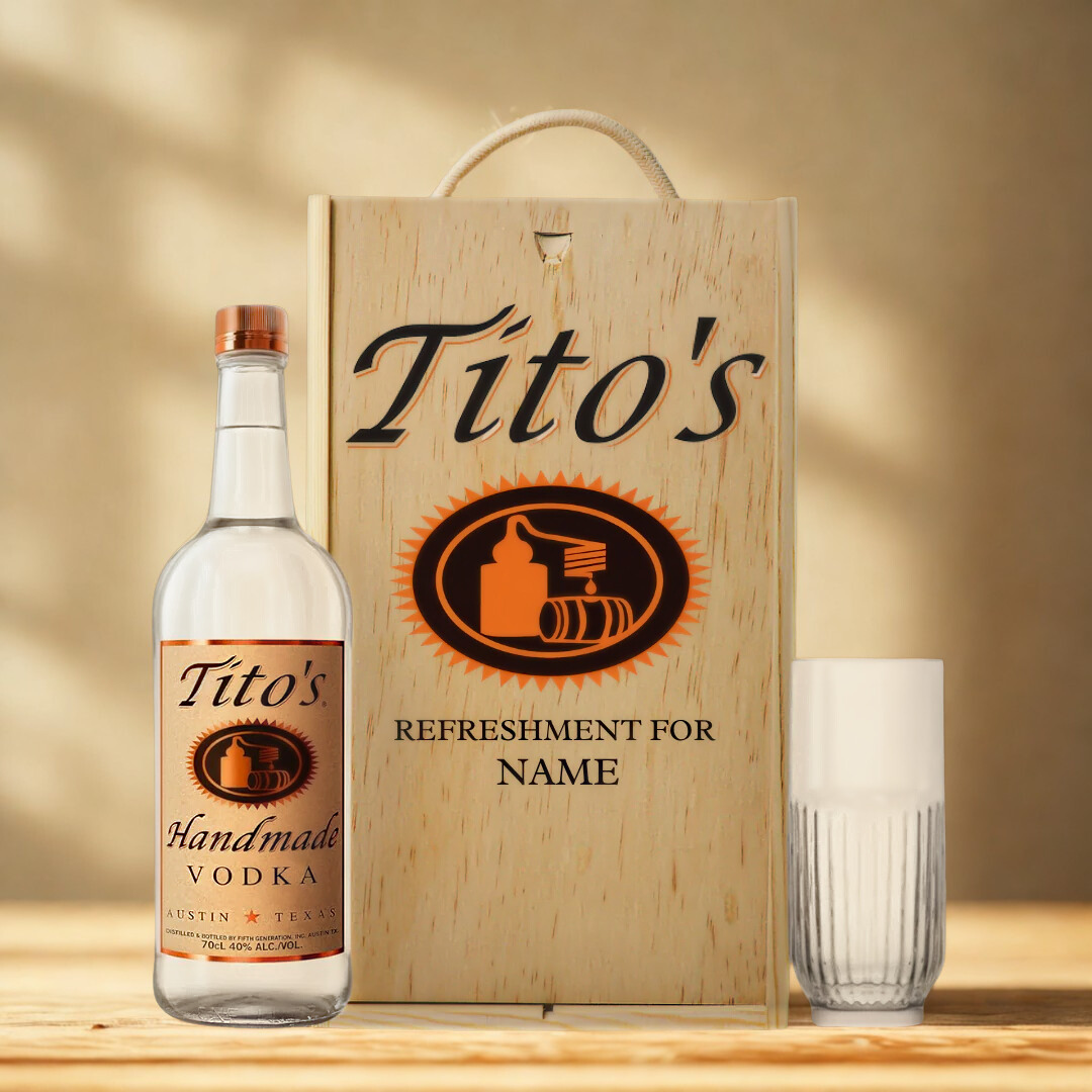 Personalised Tito’s Handmade Vodka Gift Set with Vodka Glass &amp; Wooden Box – 70cl