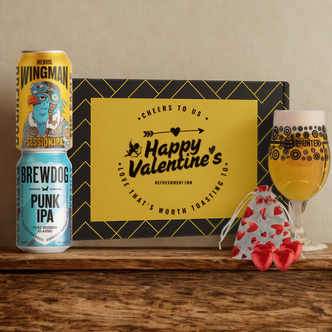 Personalised Valentine's Day Brewdog Craft Beer Can Gift Set with Branded Glass and Heart Chocolates