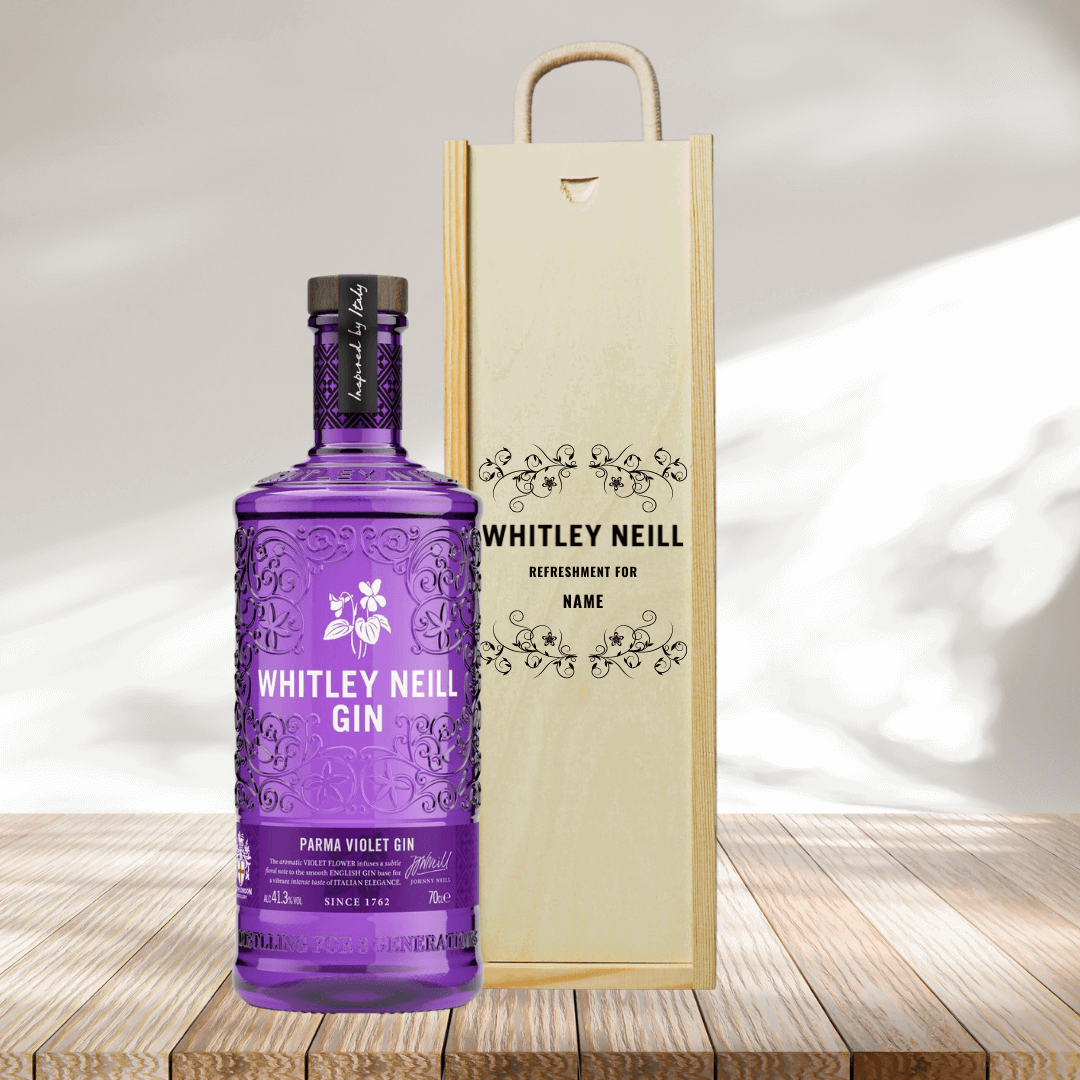 Personalised Whitley Neill Parma Violet Gin Gift Set in Wooden Presentation Gift Box - 70cl - BEERHUNTER