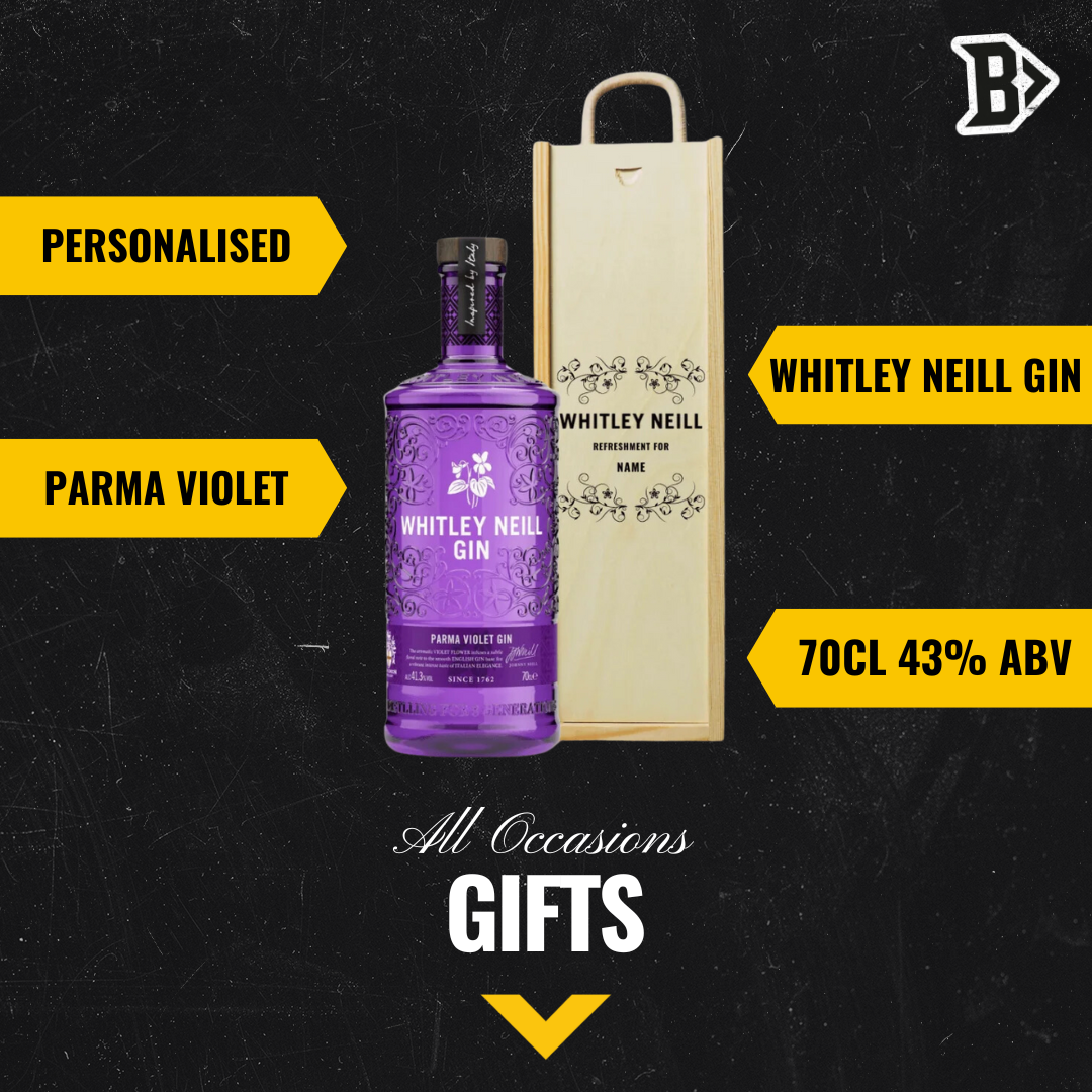 Personalised Whitley Neill Parma Violet Gin Gift Set in Wooden Presentation Gift Box - 70cl - BEERHUNTER