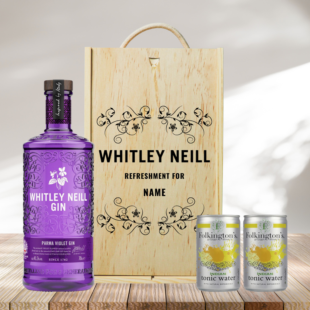 Personalised Whitley Neill Parma Violet Gin Gift Set in Wooden Presentation Gift Box - 70cl