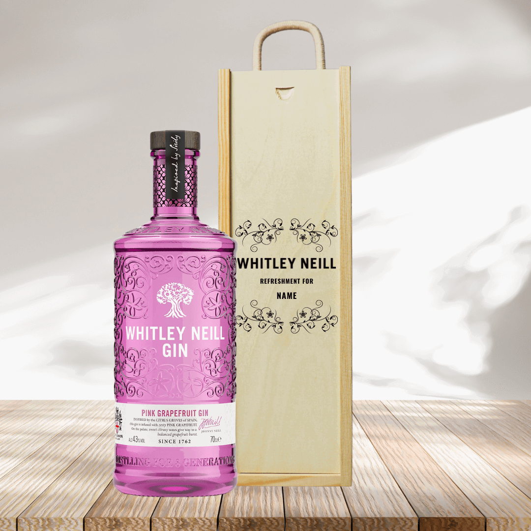 Personalised Whitley Neill Pink Grapefruit Gin in Wooden Presentation Gift Box 70cl - 43% ABV - BEERHUNTER