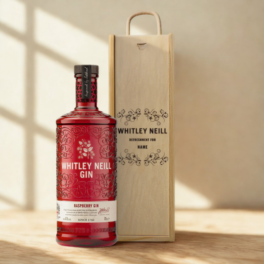Personalised Whitley Neill Raspberry Gin Gift Set in Wooden Presentation Gift Box - 70cl