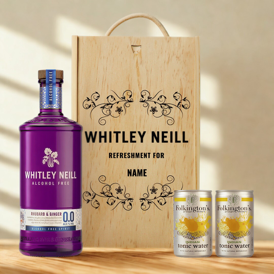 Personalised Whitley Neill Rhubarb &amp; Ginger 0.0 Alcohol-Free Gin &amp; Tonic Gift Set In Wooden Box – 0.0% ABV (70cl)