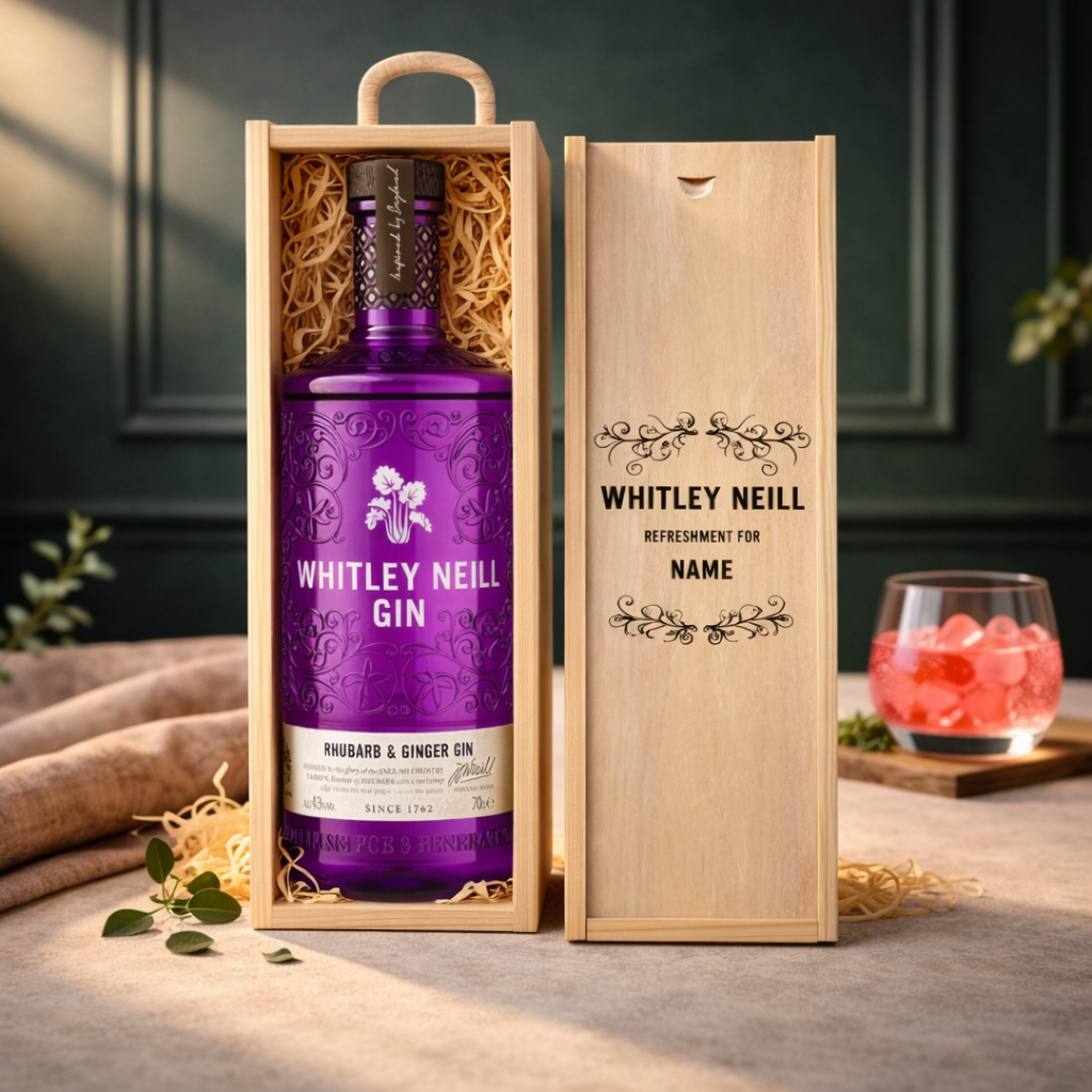 Personalised Whitley Neill Rhubarb &amp; Ginger Gin Gift Set in Wooden Presentation Gift Box - 70cl