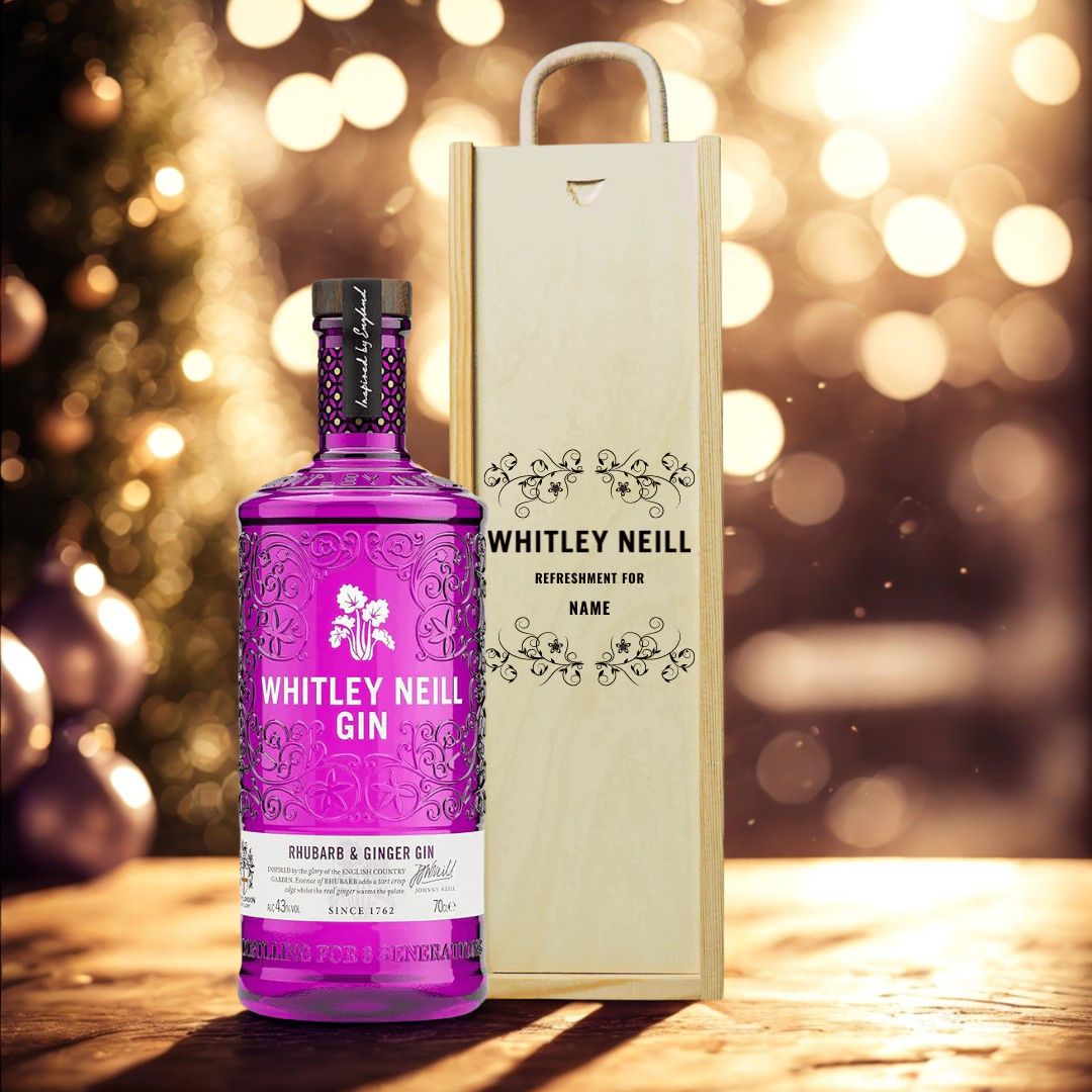 Personalised Whitley Neill Rhubarb &amp; Ginger Gin Gift Set in Wooden Presentation Gift Box - 70cl