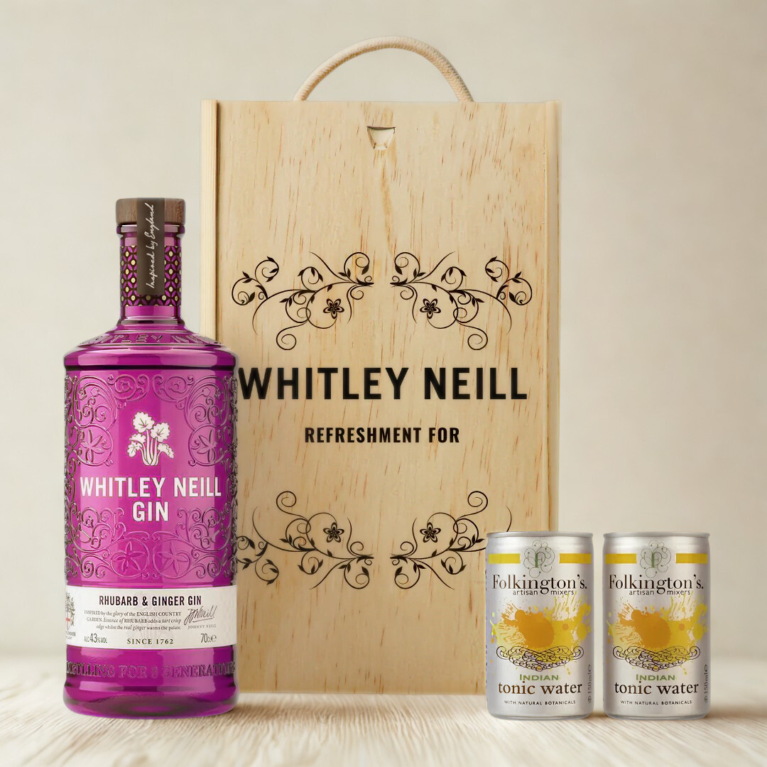 Personalised Whitley Neill Rhubarb & Ginger Gin Gift Set in Wooden Presentation Gift Box - 70cl