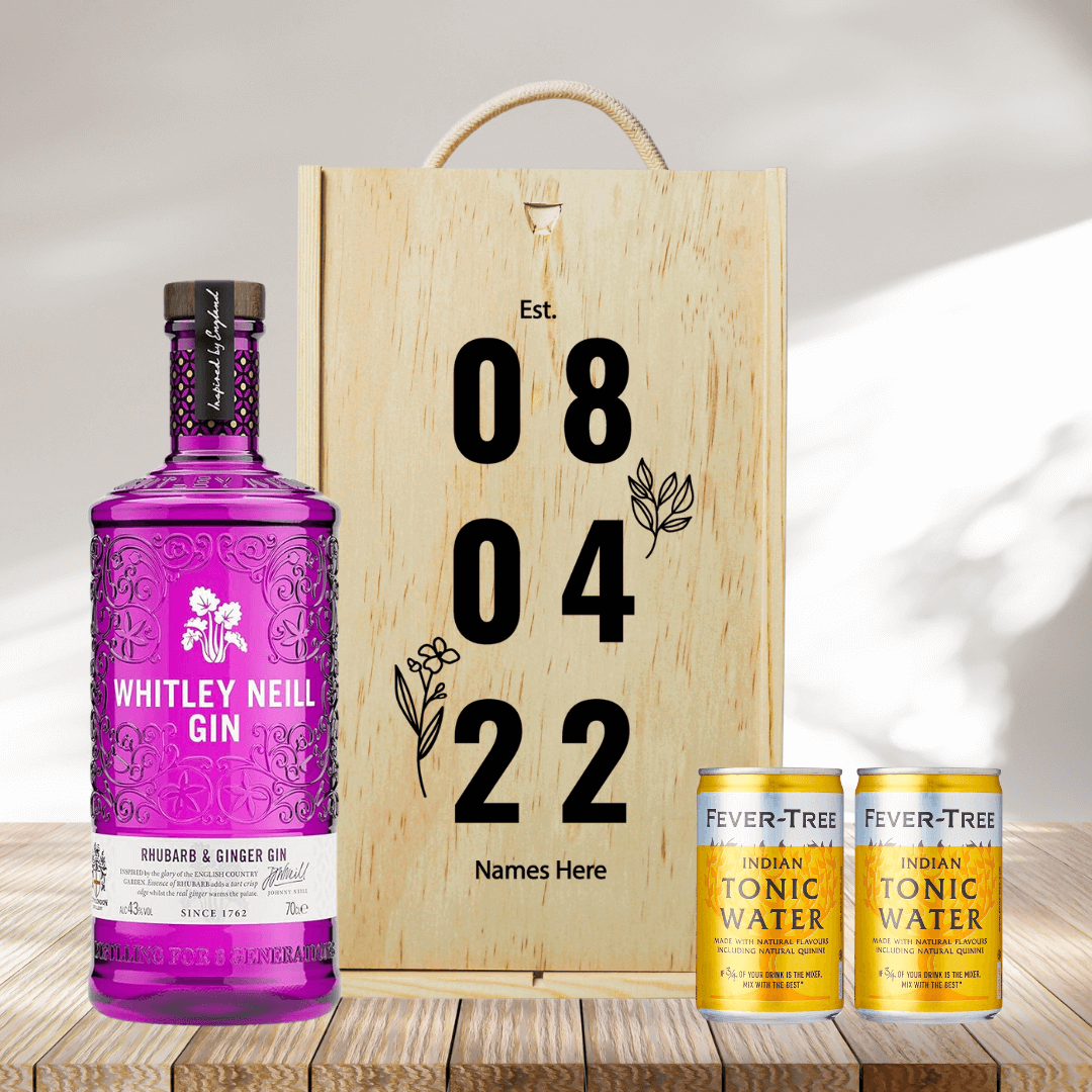 Personalised Whitley Neill Rhubarb &amp;amp; Ginger Anniversary Gift Box with Tonic Water - 70cl - BEERHUNTER