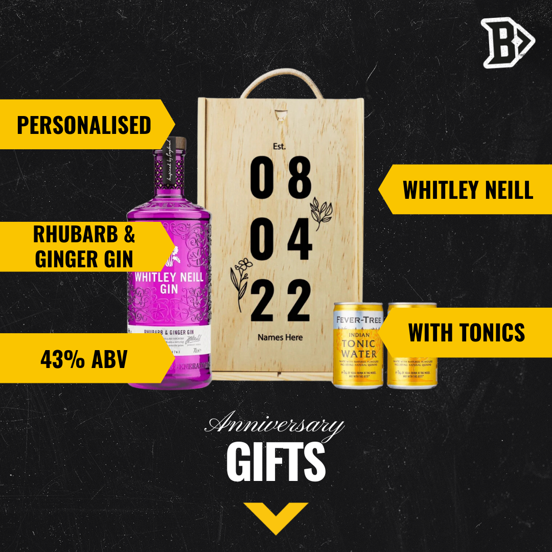 Personalised Whitley Neill Rhubarb &amp; Ginger Anniversary Gift Box with Tonic Water - 70cl - BEERHUNTER