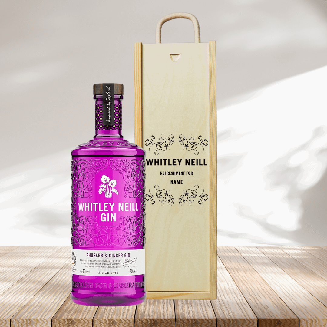 Personalised Whitley Neill Rhubarb &amp;amp; Ginger Gin Gift Set in Wooden Presentation Gift Box - 70cl - BEERHUNTER