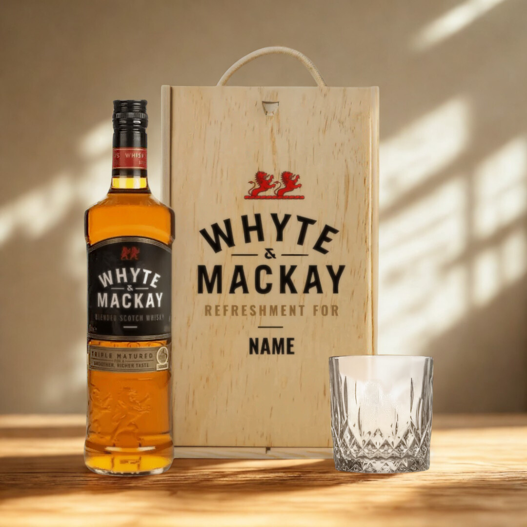 Personalised Whyte and Mackay Blended Scotch Whiskey in Wooden box with glass 70cl (40% ABV)