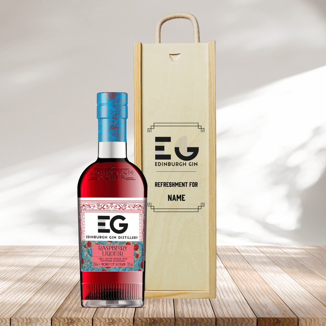 Personalised Wooden Gift Box with Edinburgh Raspberry Gin Liqueur - BEERHUNTER