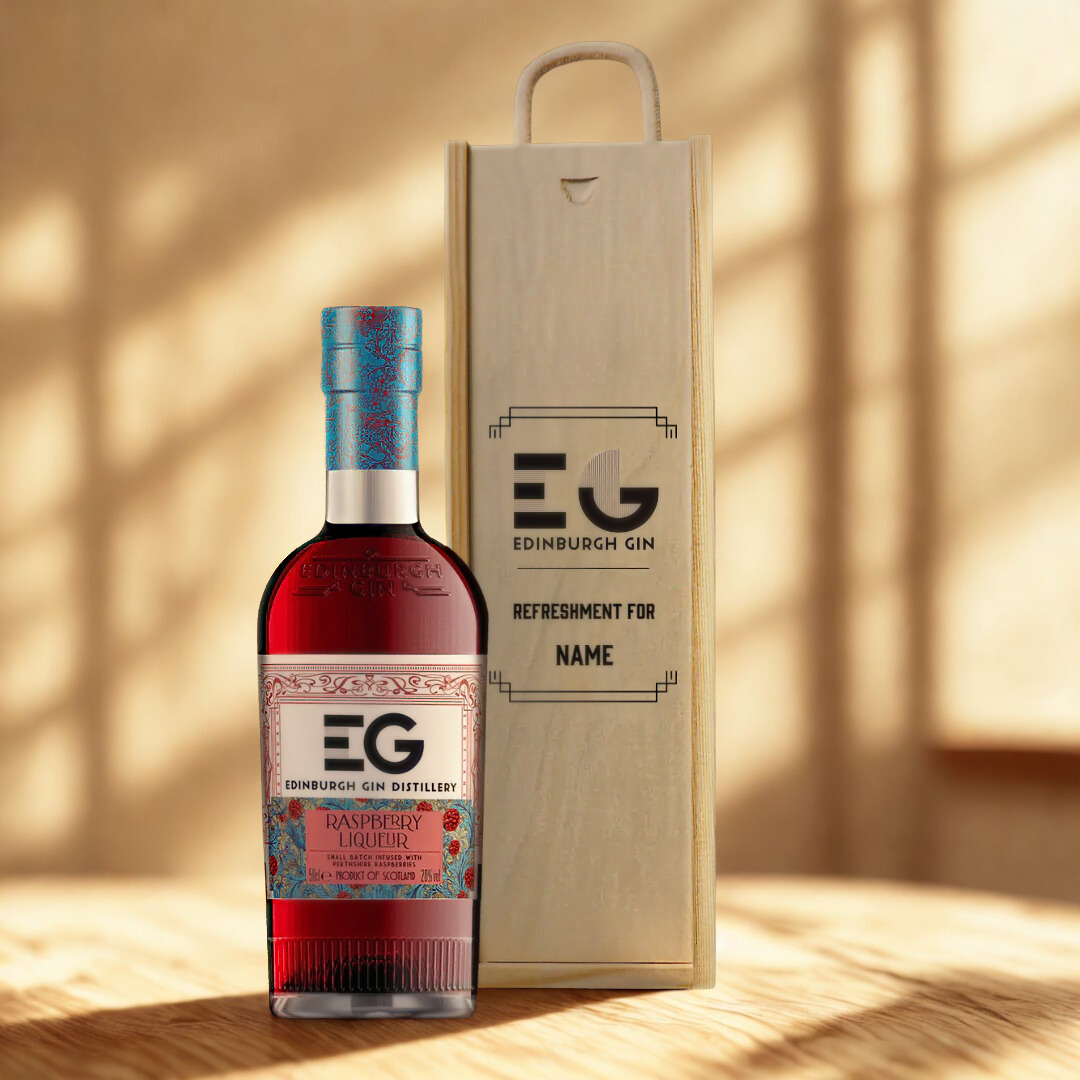 Personalised Wooden Gift Box with Edinburgh Raspberry Gin Liqueur