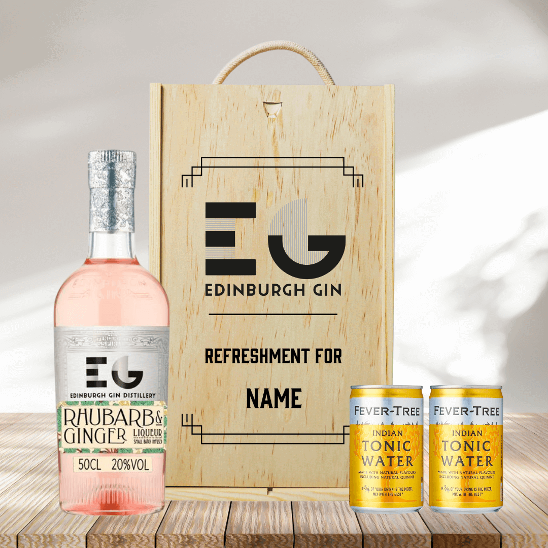 Personalised Wooden Gift Box with Edinburgh Rhubarb &amp; Ginger Gin Liqueur with Fever-Tree Tonics - BEERHUNTER