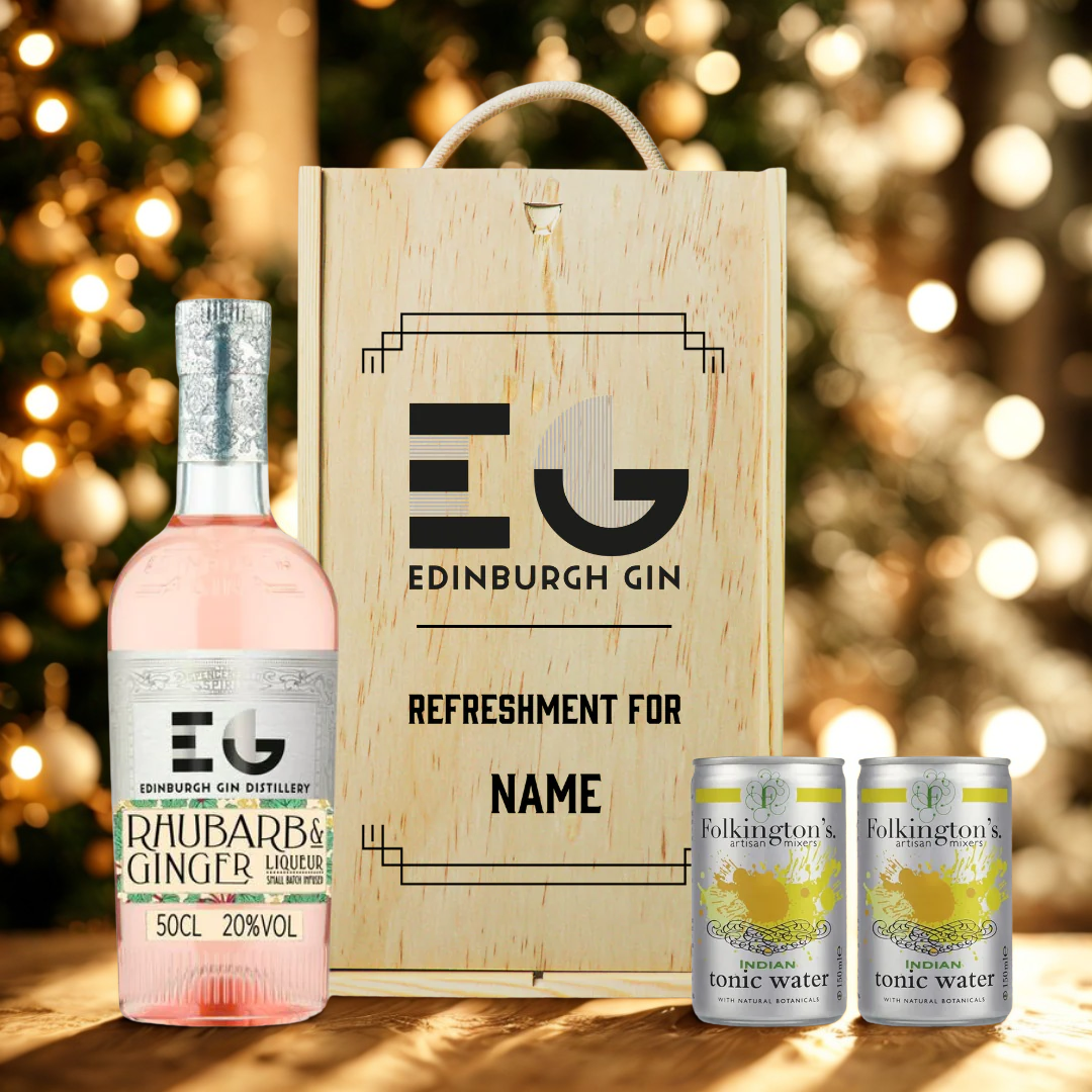 Personalised Wooden Gift Box with Edinburgh Rhubarb &amp; Ginger Gin Liqueur with Folkington&#39;s Tonics