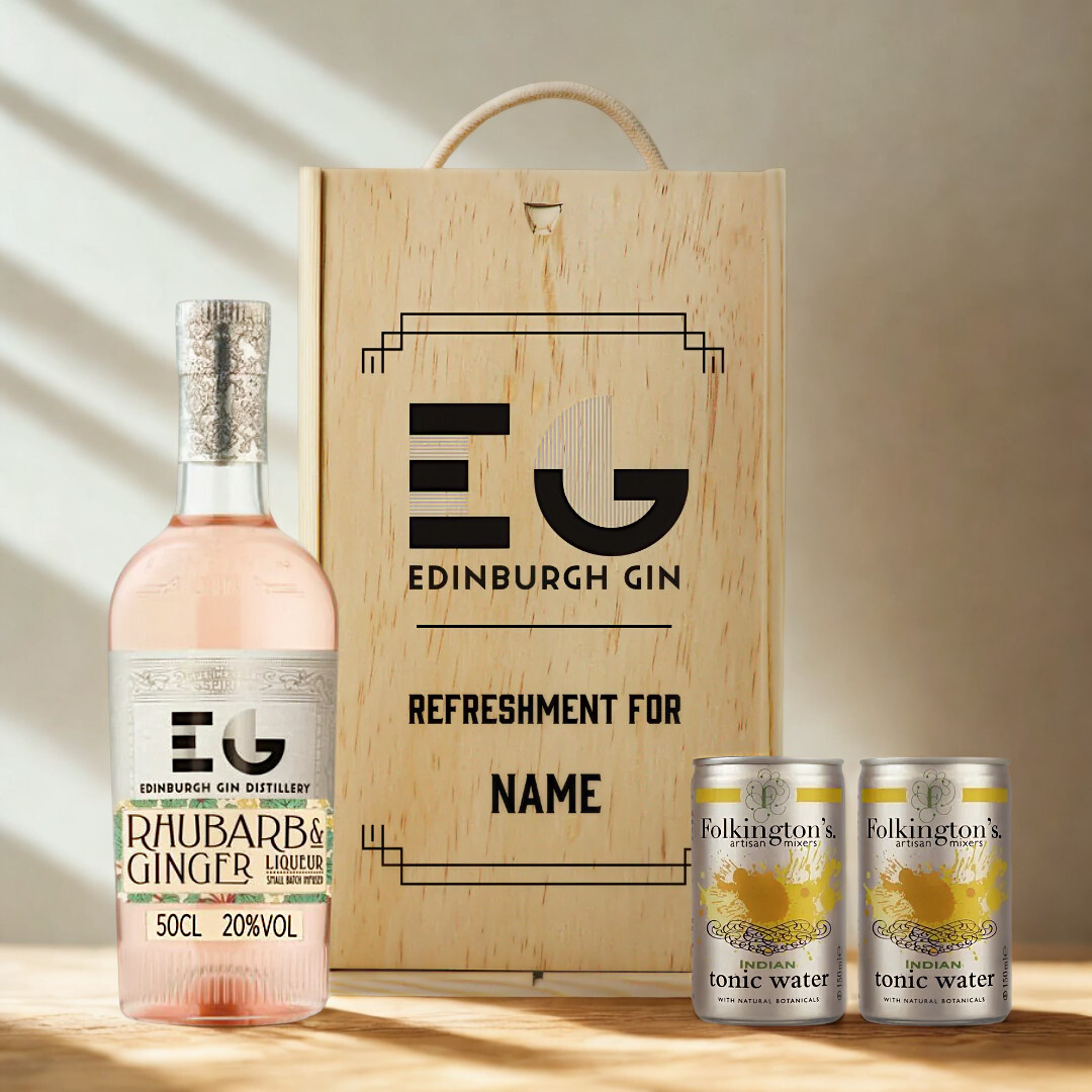 Personalised Wooden Gift Box with Edinburgh Rhubarb &amp; Ginger Gin Liqueur with Folkington's Tonics