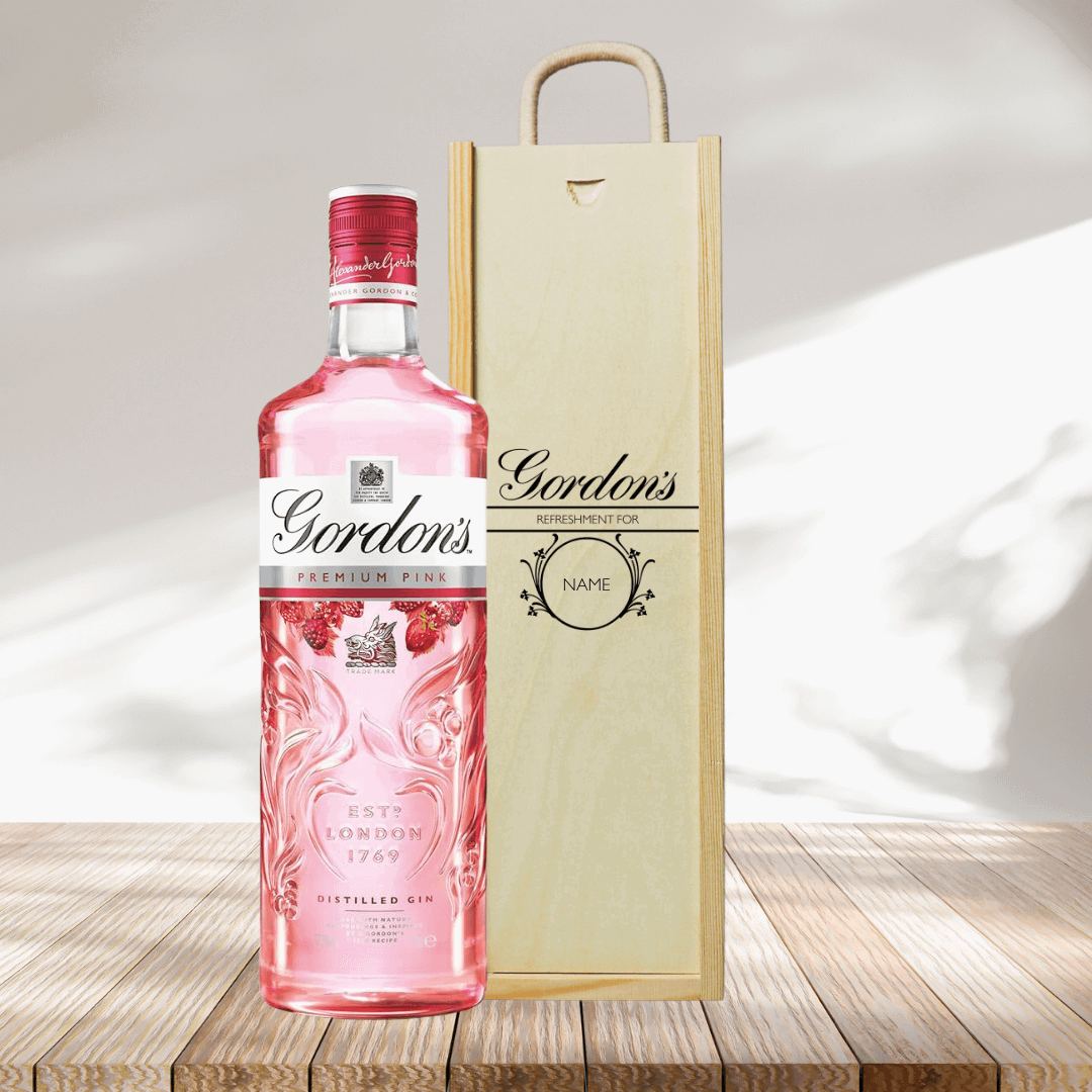 Personalised Wooden Gift Box with Gordon&#39;s Pink Gin - BEERHUNTER