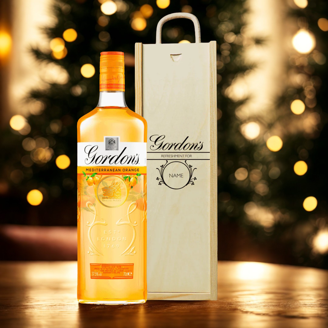 Personalised Wooden Gift Box with Gordons Mediterranean Orange Gin