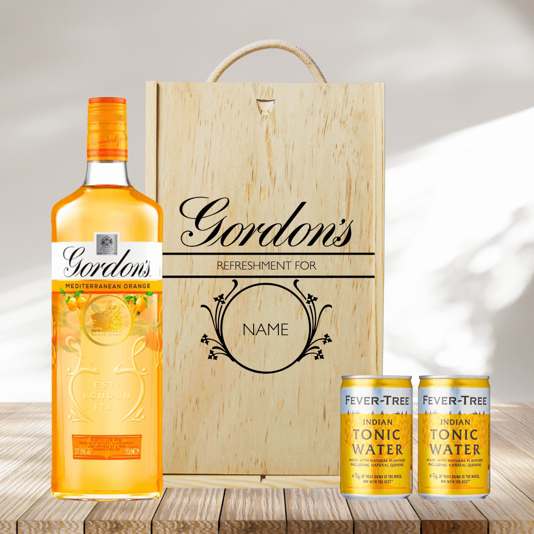 Personalised Wooden Gift Box with Gordons Mediterranean Orange Gin with Fentimans Tonics - BEERHUNTER