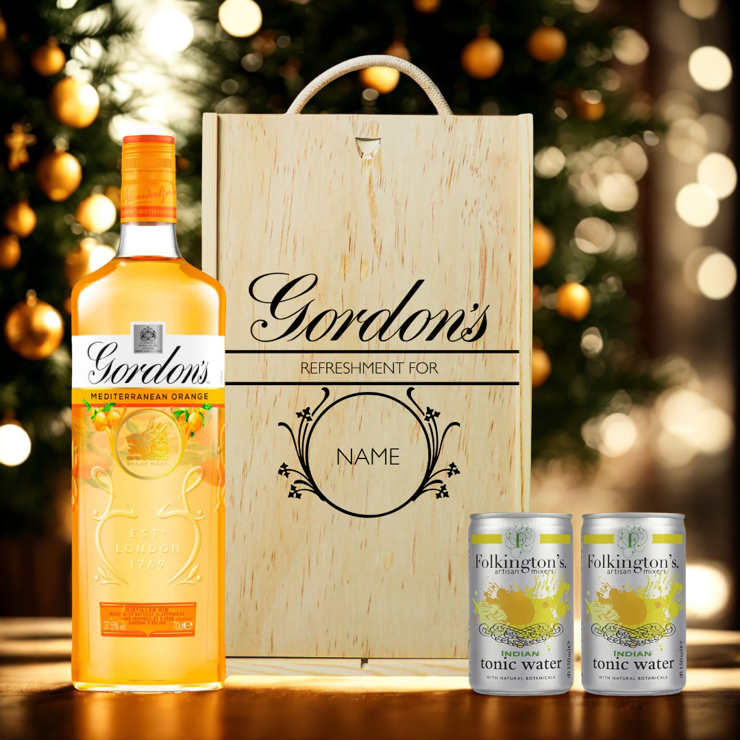 Personalised Wooden Gift Box with Gordons Mediterranean Orange Gin with Folkington&#39;s Tonics