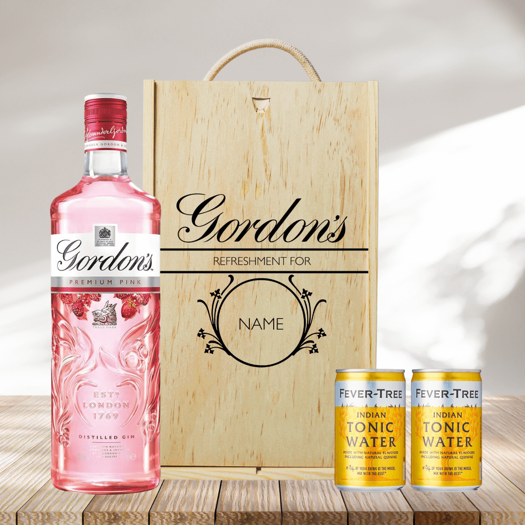 Personalised Wooden Gift Box with Gordons Pink Gin with Fever-Tree Tonics - BEERHUNTER