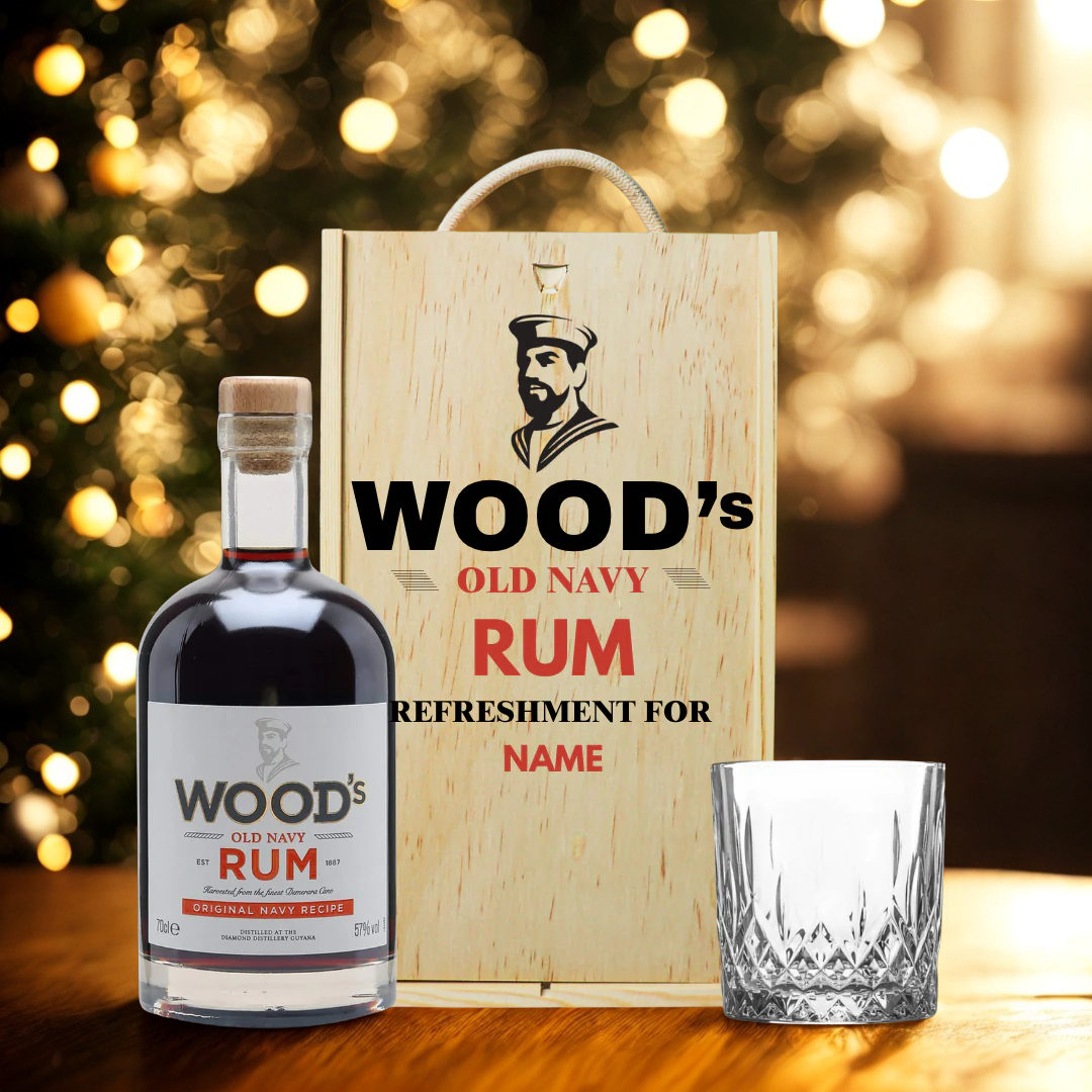 Personalised Woods Old Navy Rum with Glass in Wooden Box Gift Set