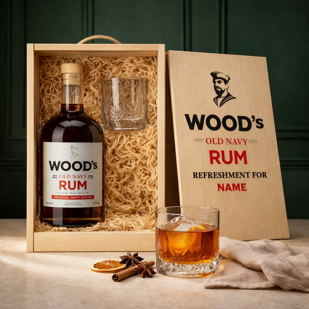 Personalised Woods Old Navy Rum Gift Set With Glass Wooden Box 70cl Personalised Woods Old Navy Rum Gift Set With Glass Wooden Box 70cl