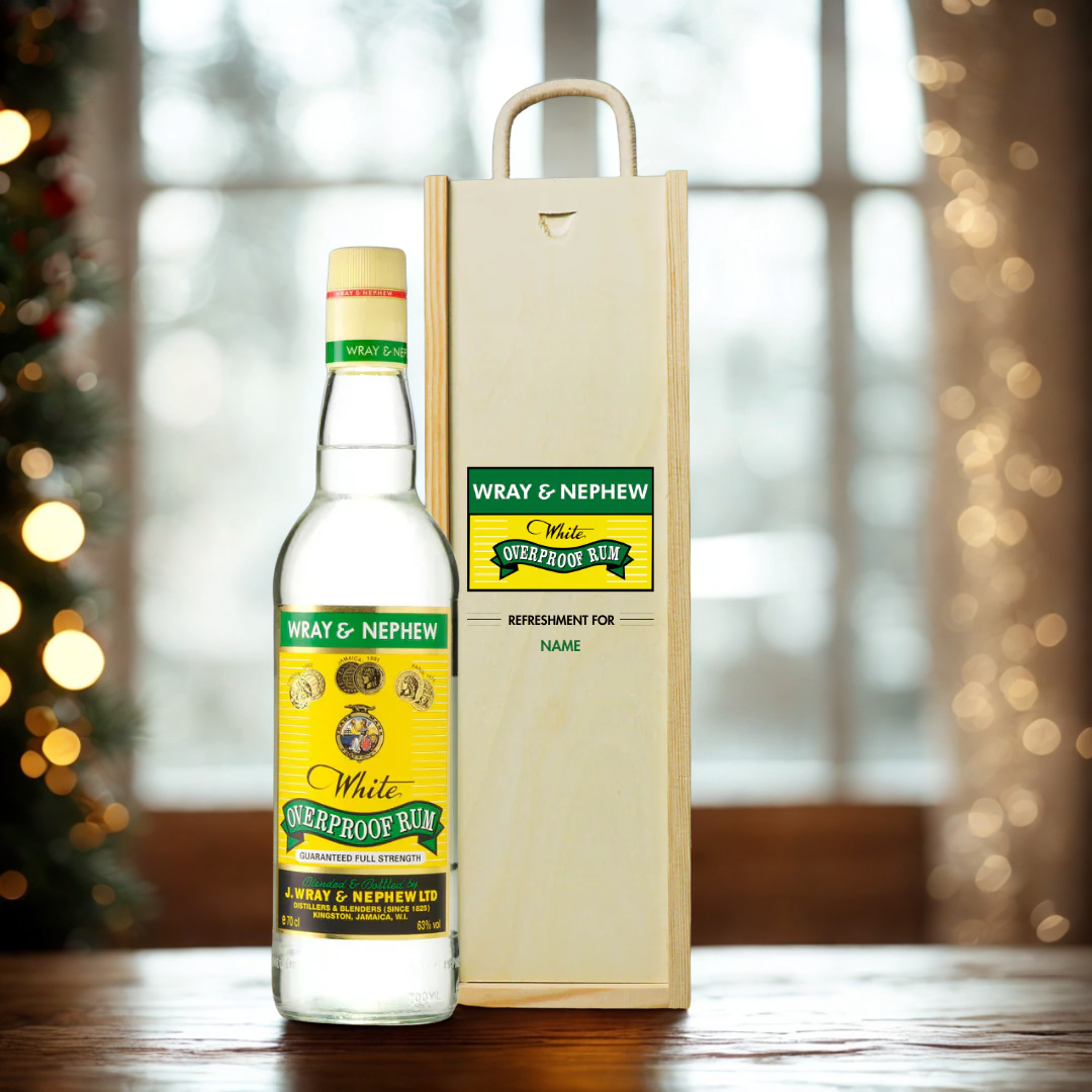 Personalised Wray &amp; Nephew Rum Gift Set in Wooden Box - 40% ABV (70cl)