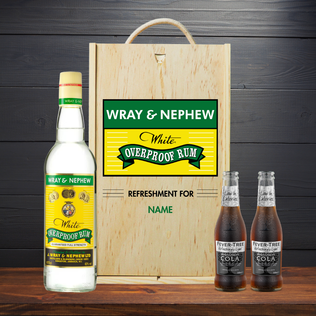 Personalised Wray & Nephew Rum Gift Set in Wooden Box with Fever Tree Cola - 40% ABV (70cl) - BEERHUNTER