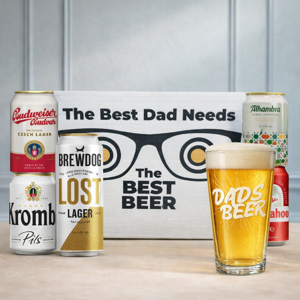 Premium Lager Beer “Best Dad” Gift Set (5 Cans) with Dad’s Beer Glass