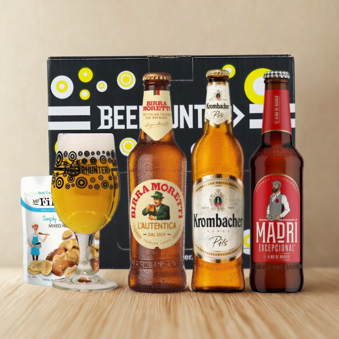 Premium European Lager Gift Pack with Official Beerhunter Glass (Madri, Krombacher, Birra Moretti)