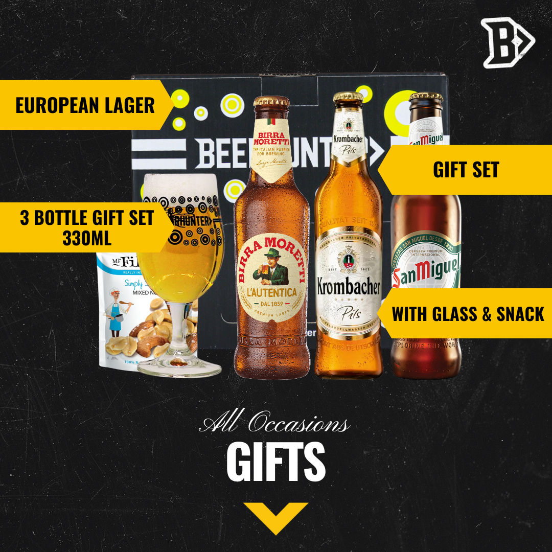 Premium European Lager Gift Pack with Official Beerhunter Glass (San Miguel, Krombacher, Birra Moretti) - BEERHUNTER