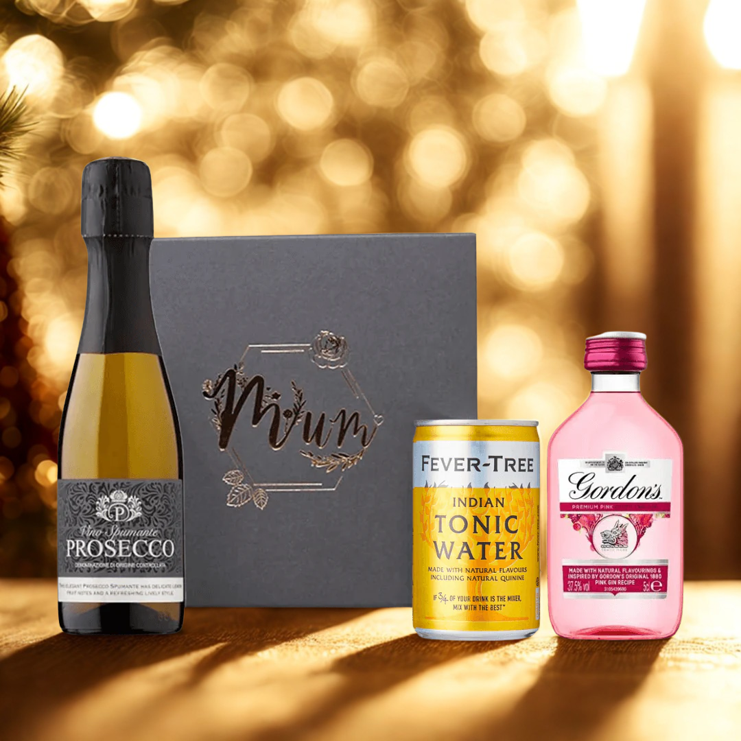 Prosecco &amp; Gordon's Gin Gift Set in Engraved Rose Gold Box for Mum