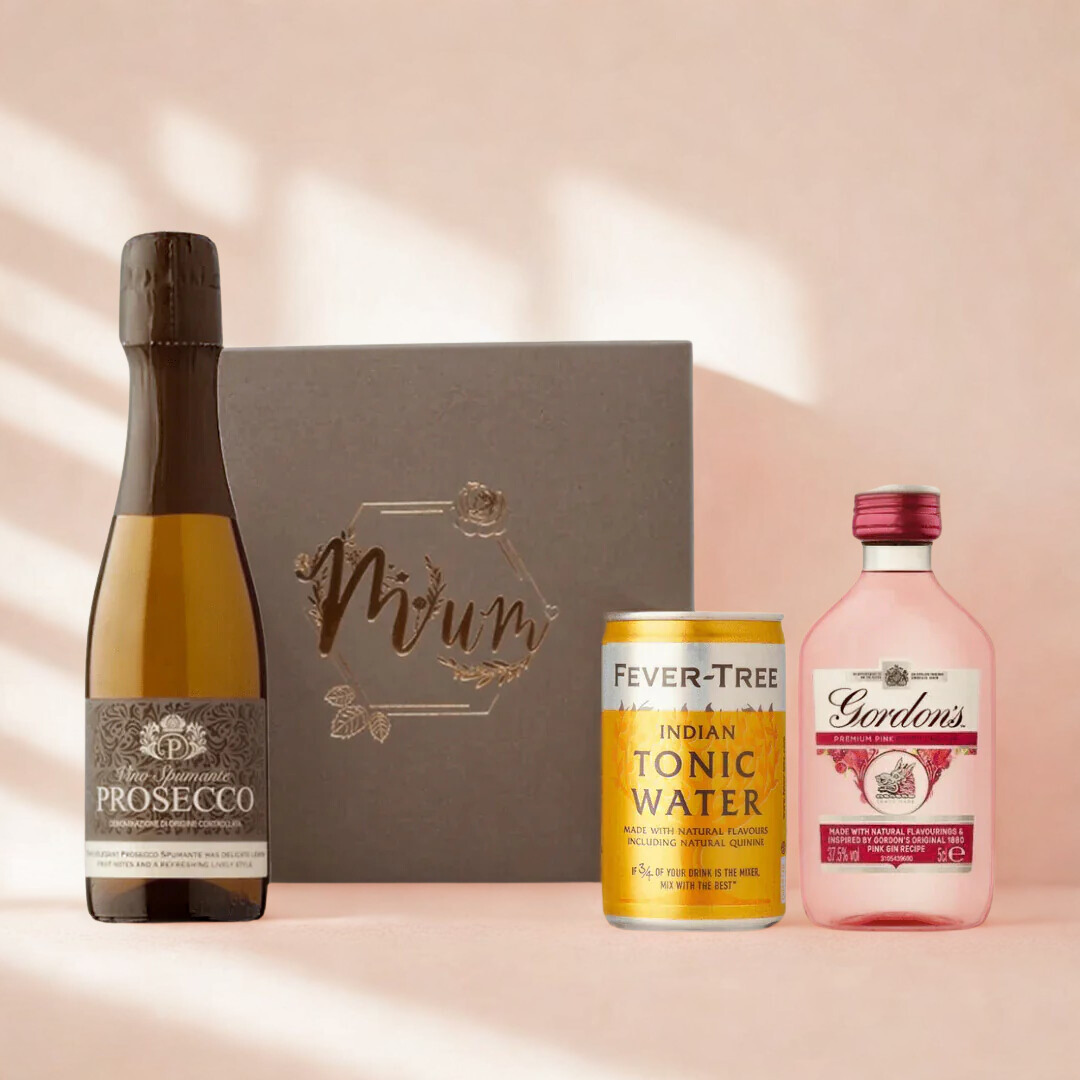 Prosecco &amp; Gordon's Gin Gift Set in Engraved Rose Gold Box for Mum