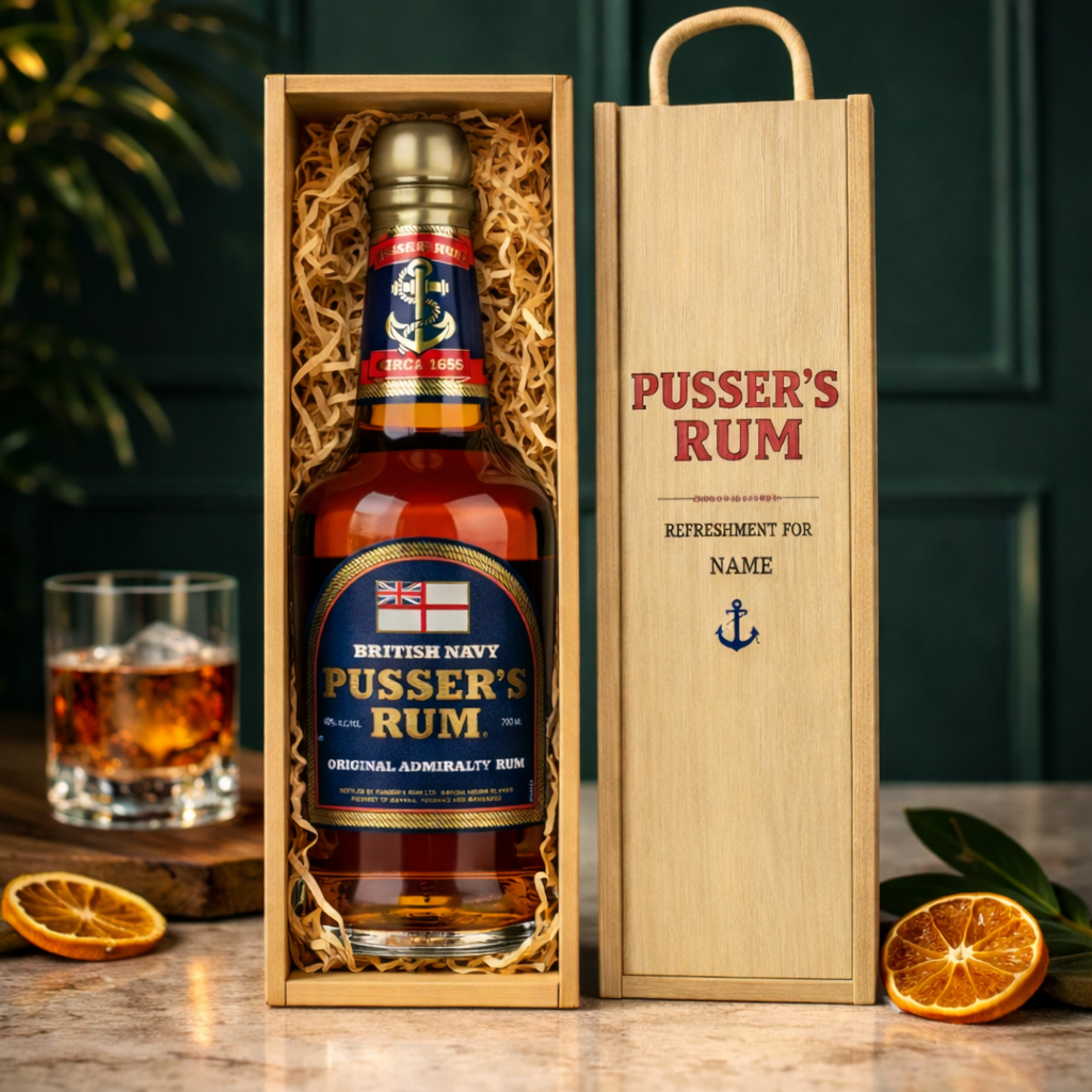 Personalised Pusser's Rum Gift Set in Wooden Box - 40% ABV (70cl)