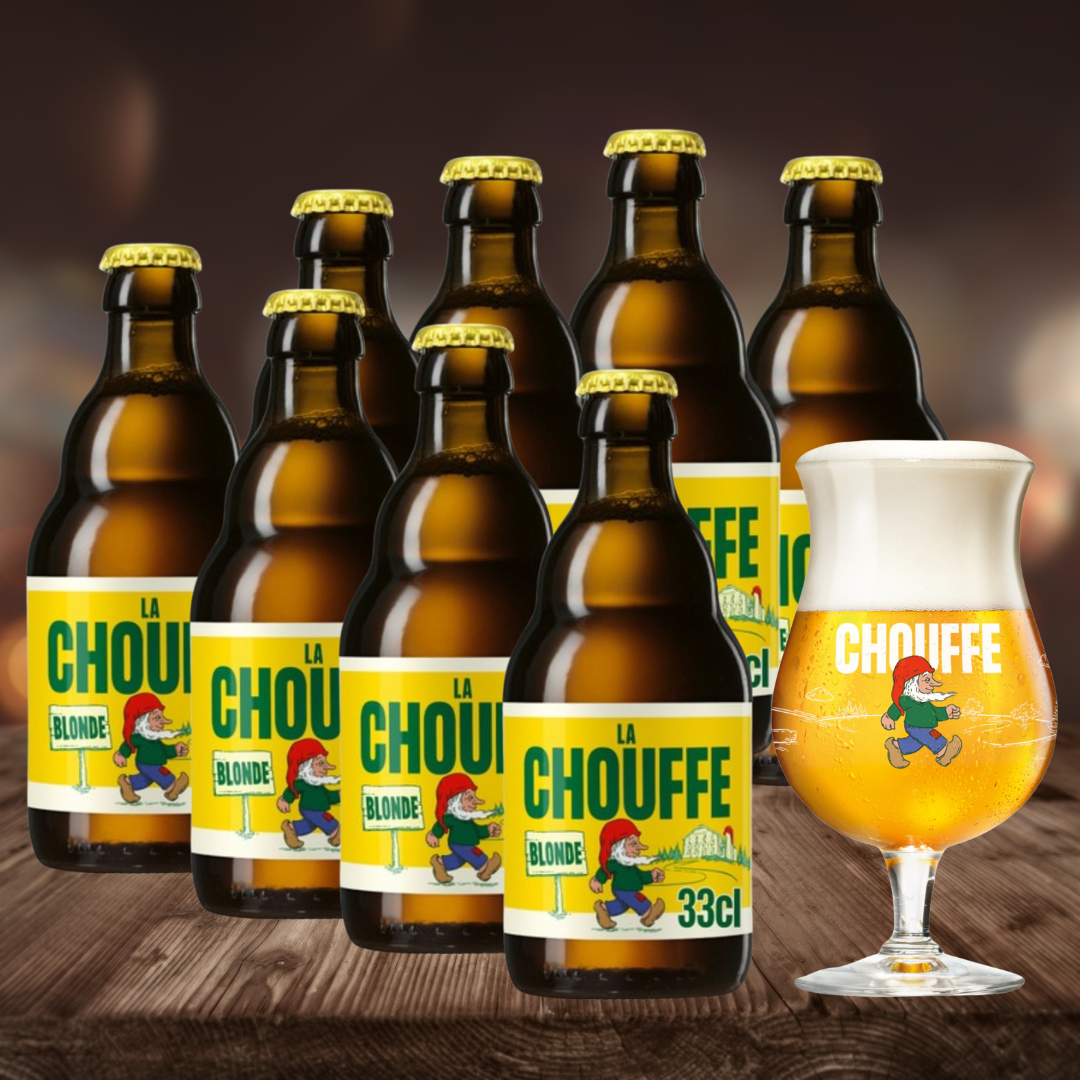 La Chouffe Belgian Blond Beer 330ml Bottles - 8.0% ABV (8 Multipack) with FREE Chouffe Glass
