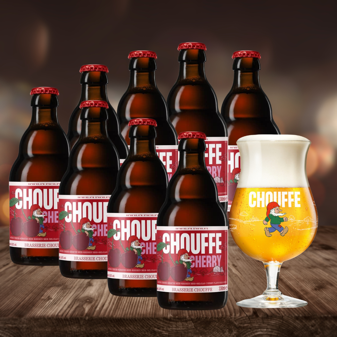 Chouffe Cherry Belgian Fruit Beer 330ml Bottles - 8.0% ABV (8 Multipack) with FREE Chouffe Glass