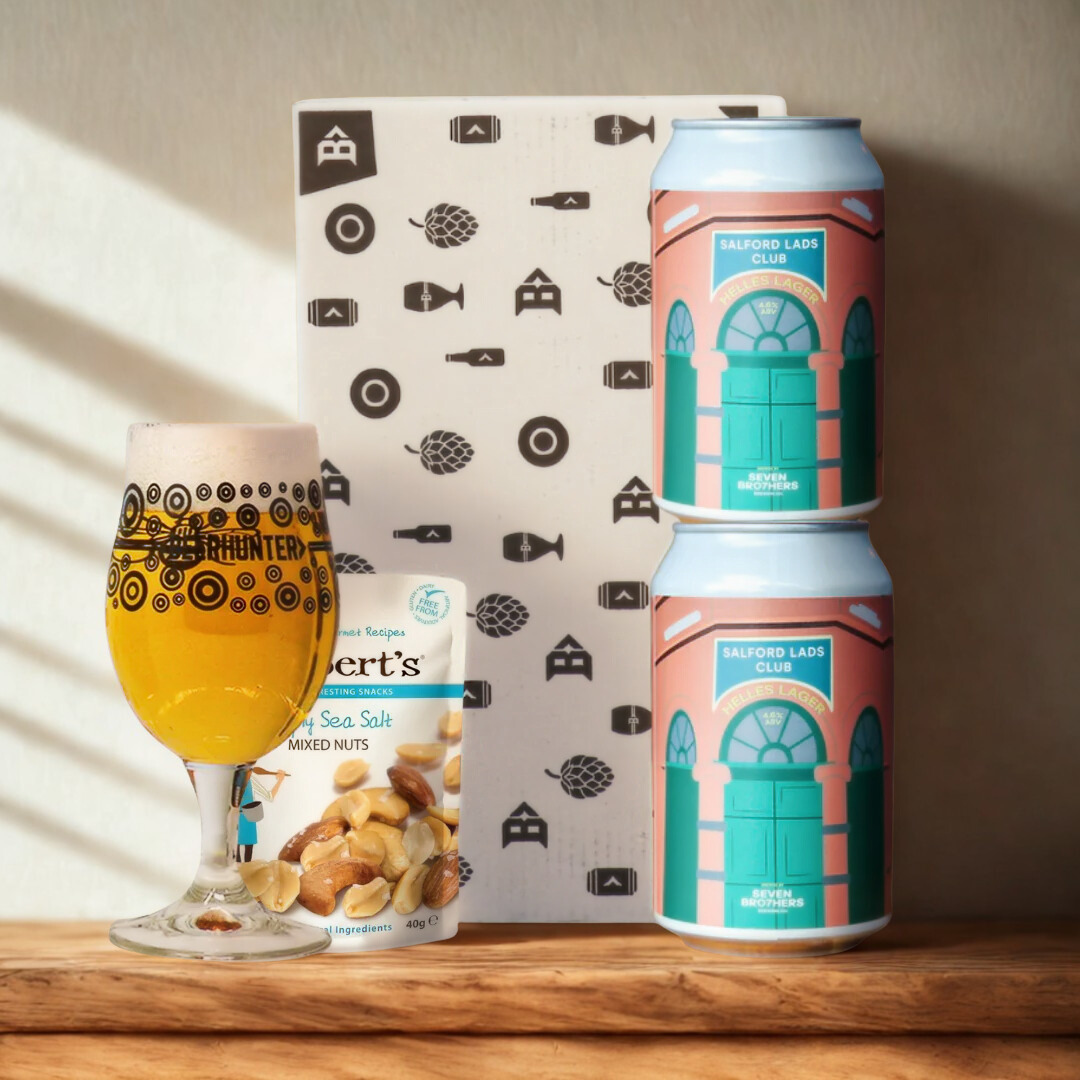 Salford Lads Club x Seven Bro7hers Helles Lager 2-Can Gift Set with Beerhunter Glass – 4.6% ABV (330ml)