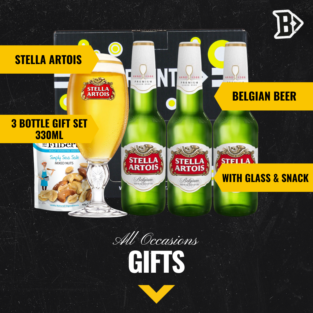 Stella Artois Premium Belgian Lager Bottle Gift Set with Official Glass (3 Pack) - 330ml - BEERHUNTER