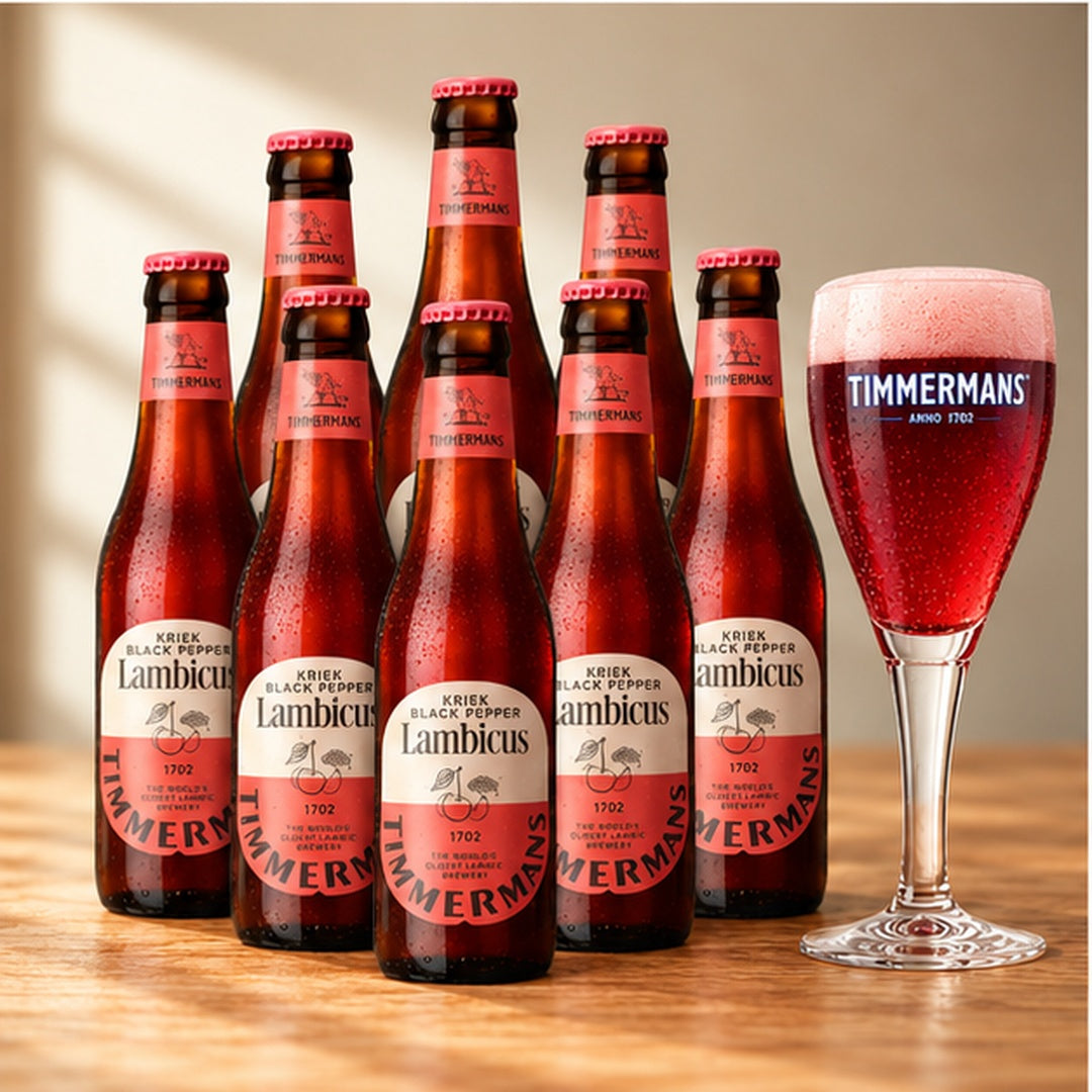Timmermans Lambicus Kriek Black Pepper Belgian Fruit Beer 330ml Bottles with Free Glass - 4.0% ABV (Multipack)