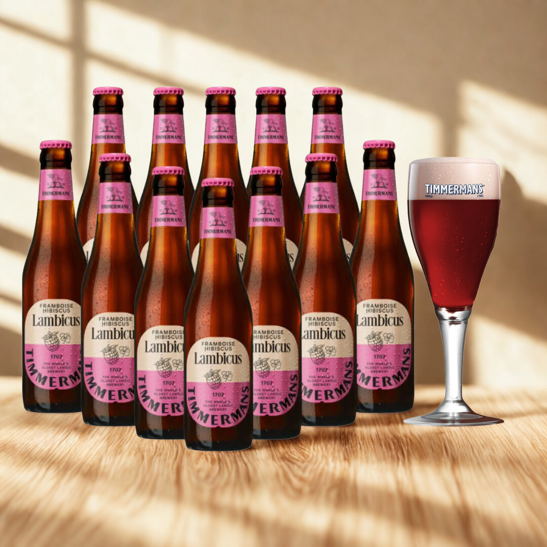 Timmermans Lambicus Framboise Hibiscus Belgian Fruit Beer 330ml Bottles with Free Glass - 4.0% ABV (12 Pack)