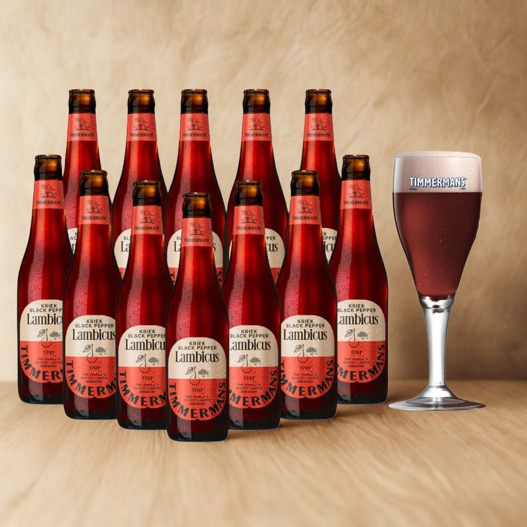 Timmermans Lambicus Kriek Black Pepper Belgian Fruit Beer 330ml Bottles with Free Glass - 4.0% ABV (Multipack)