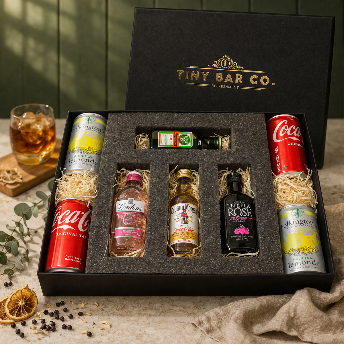 Premium Tiny Bar Spirit Miniatures and Mixers Gift Box Set (4 x 5cl)