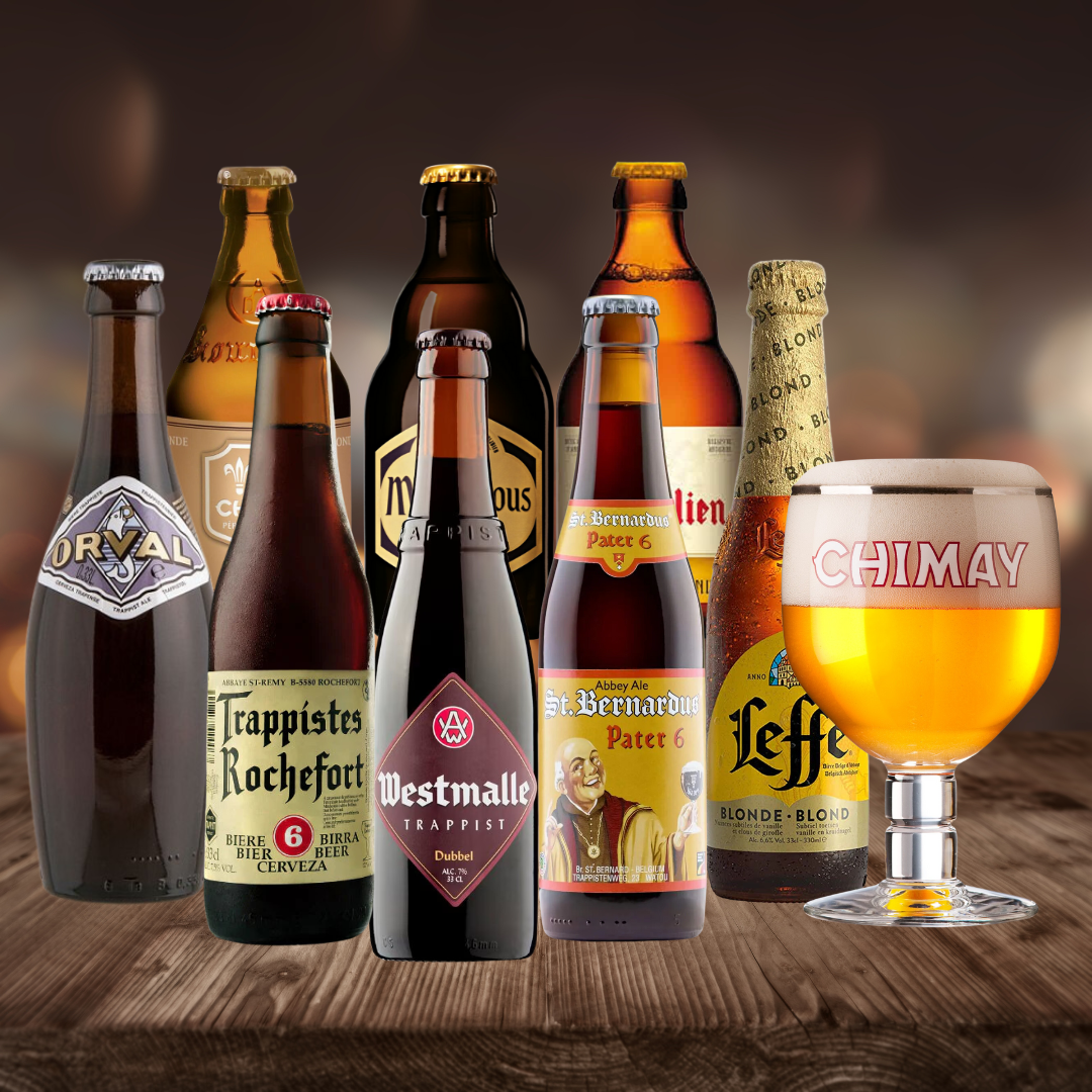 Trappist &amp;amp; Abbey Ales Mixed Beer Case with Chimay Glass (8 Pack) - BEERHUNTER