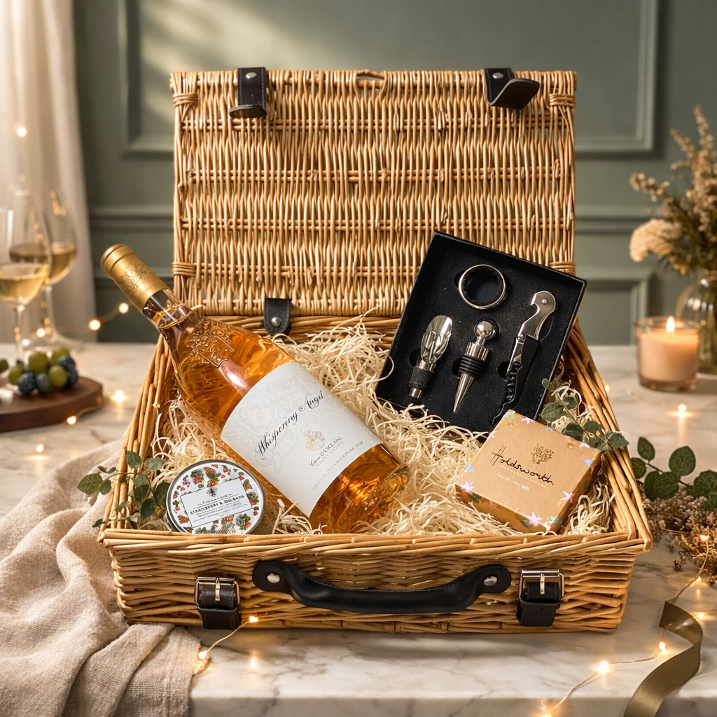 Whispering Angel Rose 14" Wine Hamper with Chocolates and Accessories - 75cl (13% ABV)