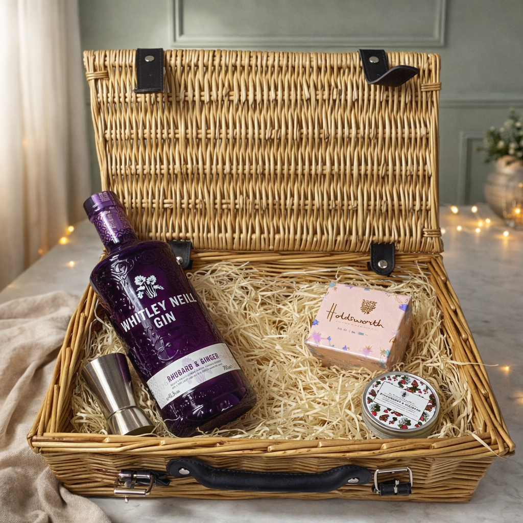 Whitley Neill Rhubarb & Ginger Gin 14" Gift Hamper with Chocolates and Accessories - 70cl (43%ABV)