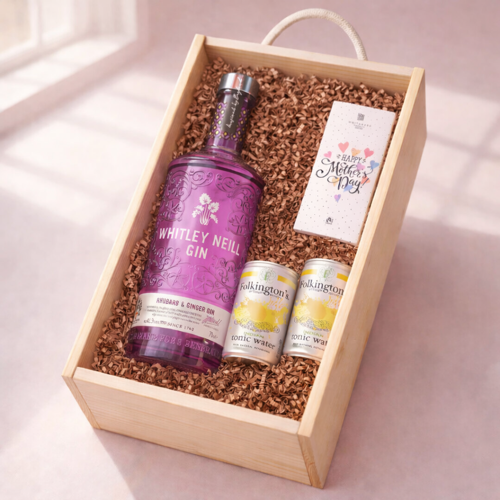 Mother’s Day Gin Gift Set – Whitley Neill Rhubarb & Ginger (70cl) with Tonics & Chocolate – Luxury Mother’s Day Gift for Mum