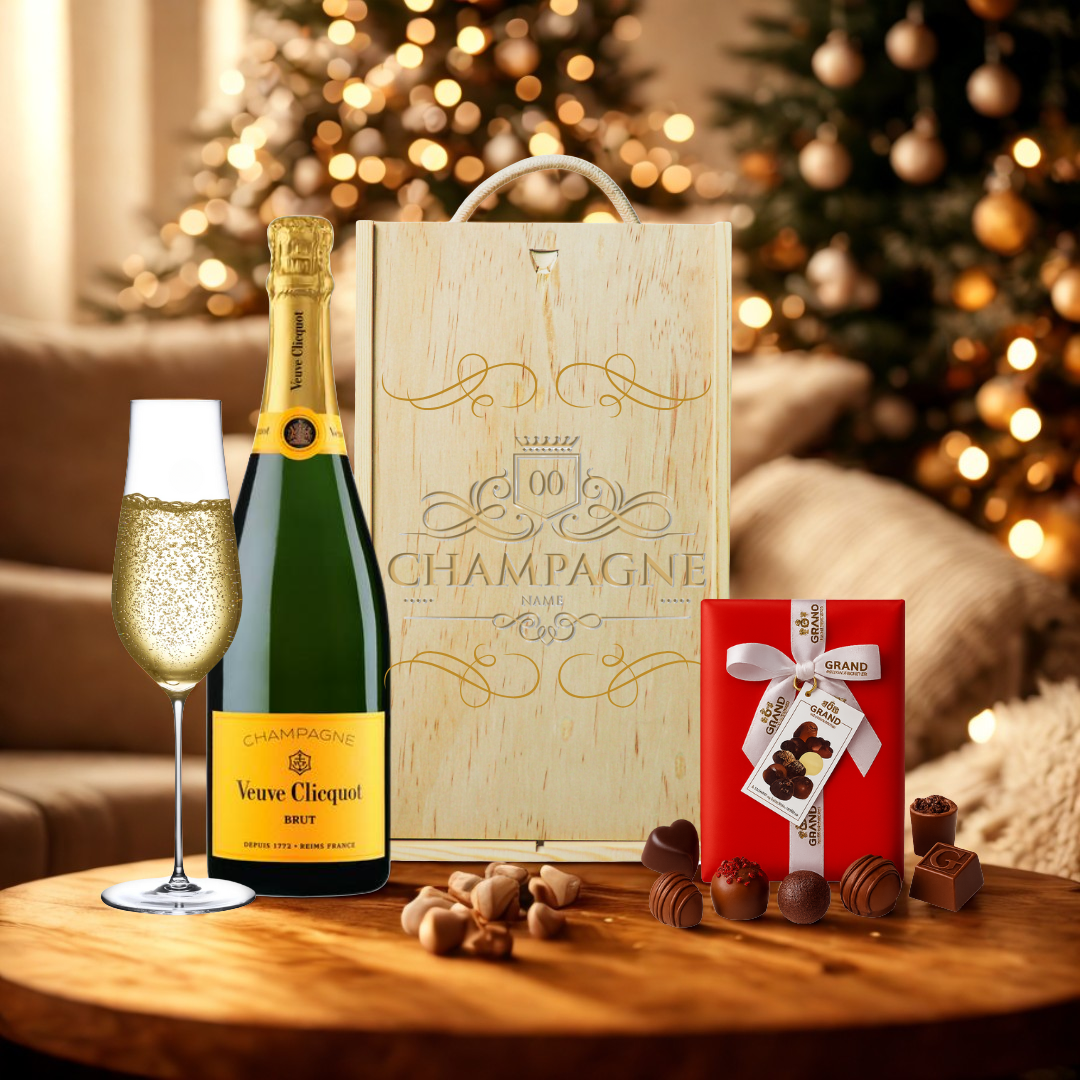 Personalised Veuve Clicquot Champagne Gift Box with Belgian Chocolates (75cl)