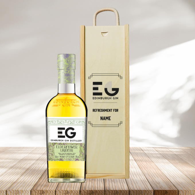 Personalised Wooden Gift Box with Edinburgh Elderflower Gin Liqueur