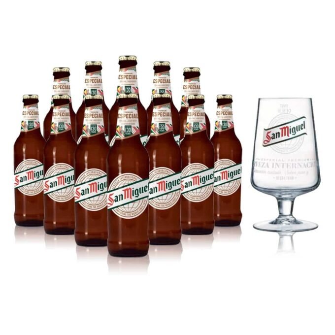 San Miguel Especial Lager 330ml Bottles (12 Pack) with Glass